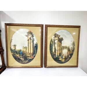 Set of Two Antique Lithograph framed and matted Oval Roman style columns
